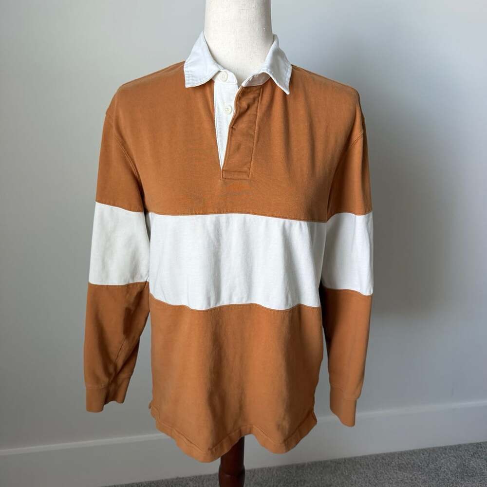 H&M Rugby Shirt Size S Brown White Striped Cotton Long Sleeve Polo